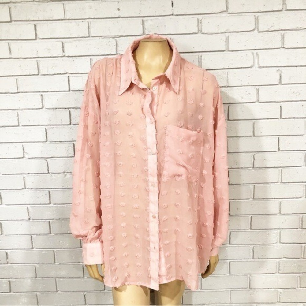 ASOS DESIGN Pink Swiss Dot Sheer Oversized Button Down Blouse Coquette 14